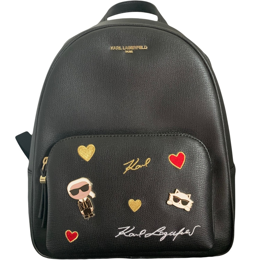 ⚜️Karl Lagerfeld Black Mini Backpack with Gold and Red Accents